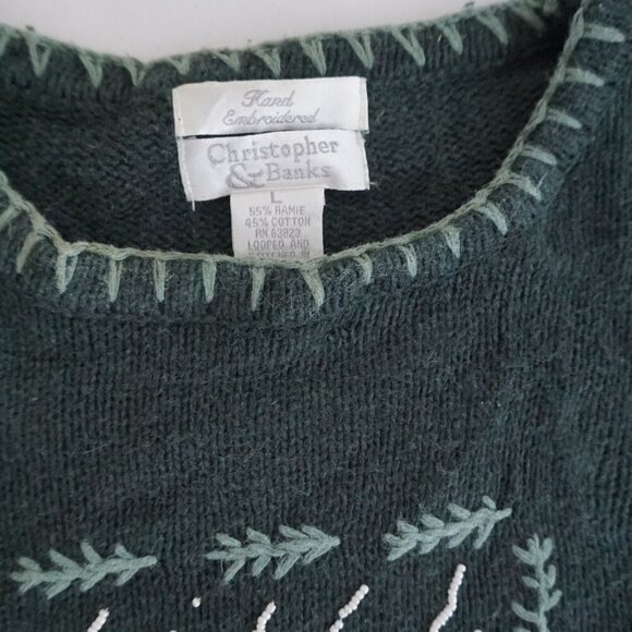 Vintage Christopher & Banks Green Hand-Embroidered Sweater Cabincore Winter L - Picture 10 of 10